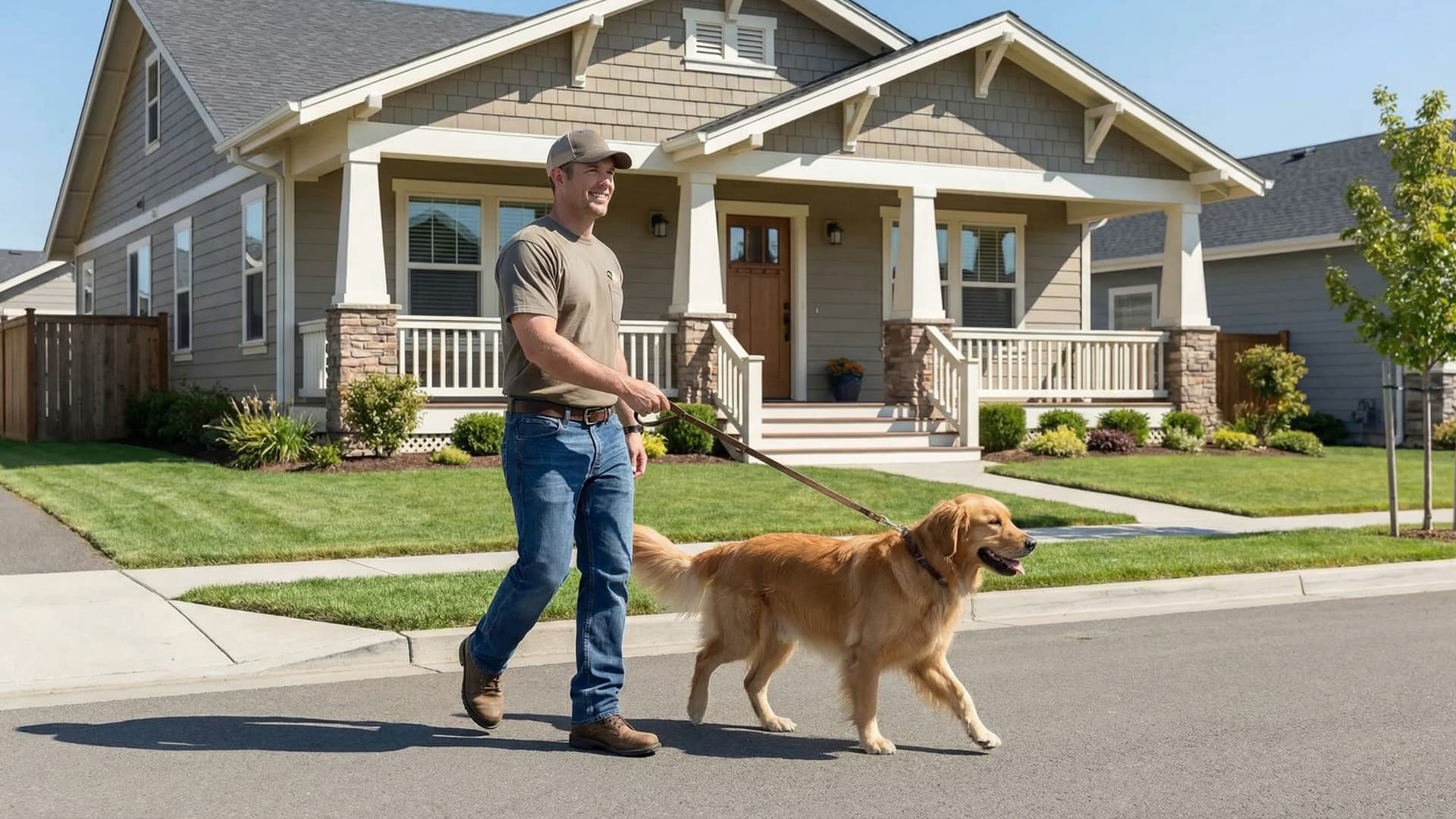 Dog walker walking multiple dogs on leashes