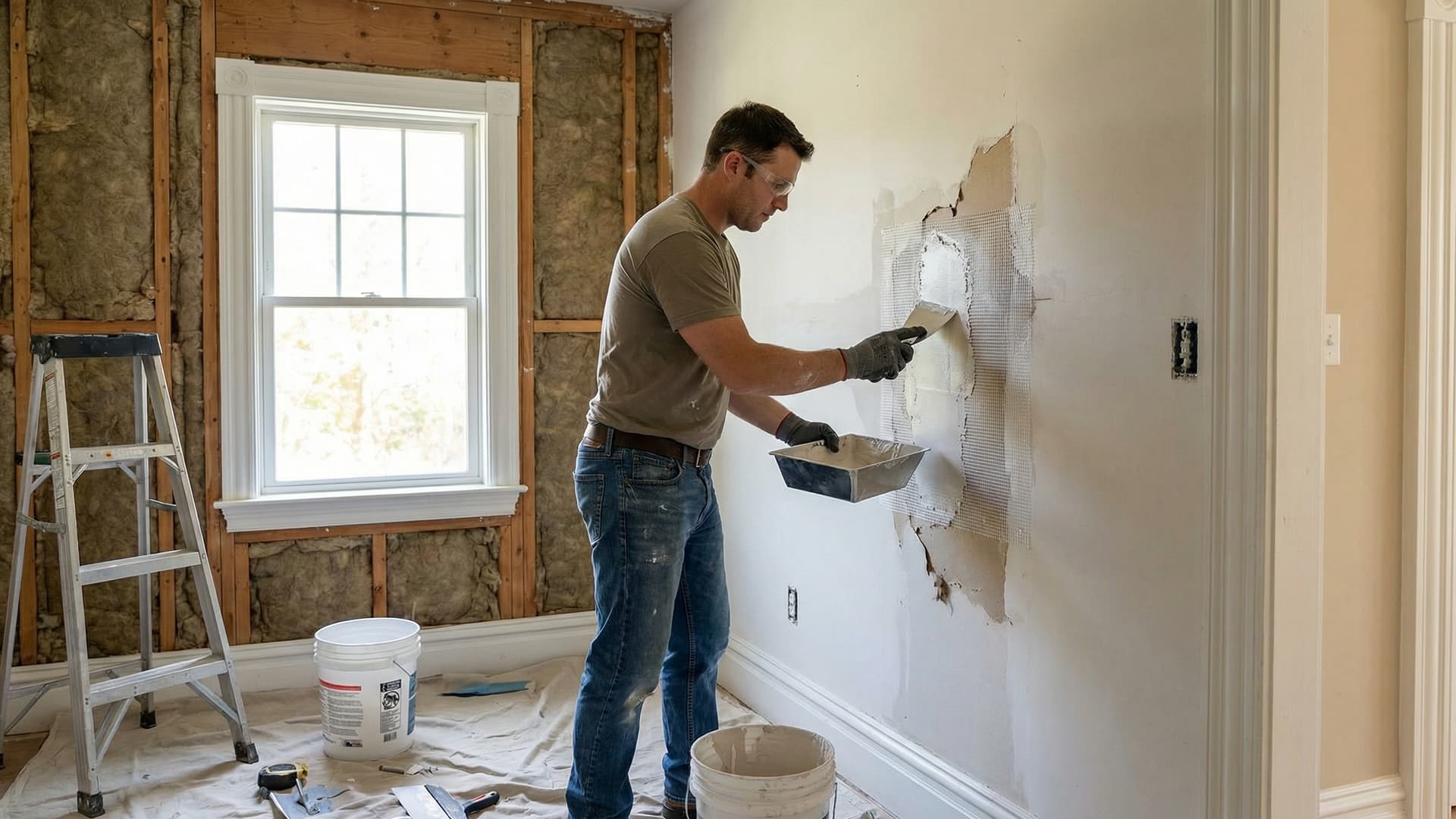Drywall installer finishing a wall with joint compound