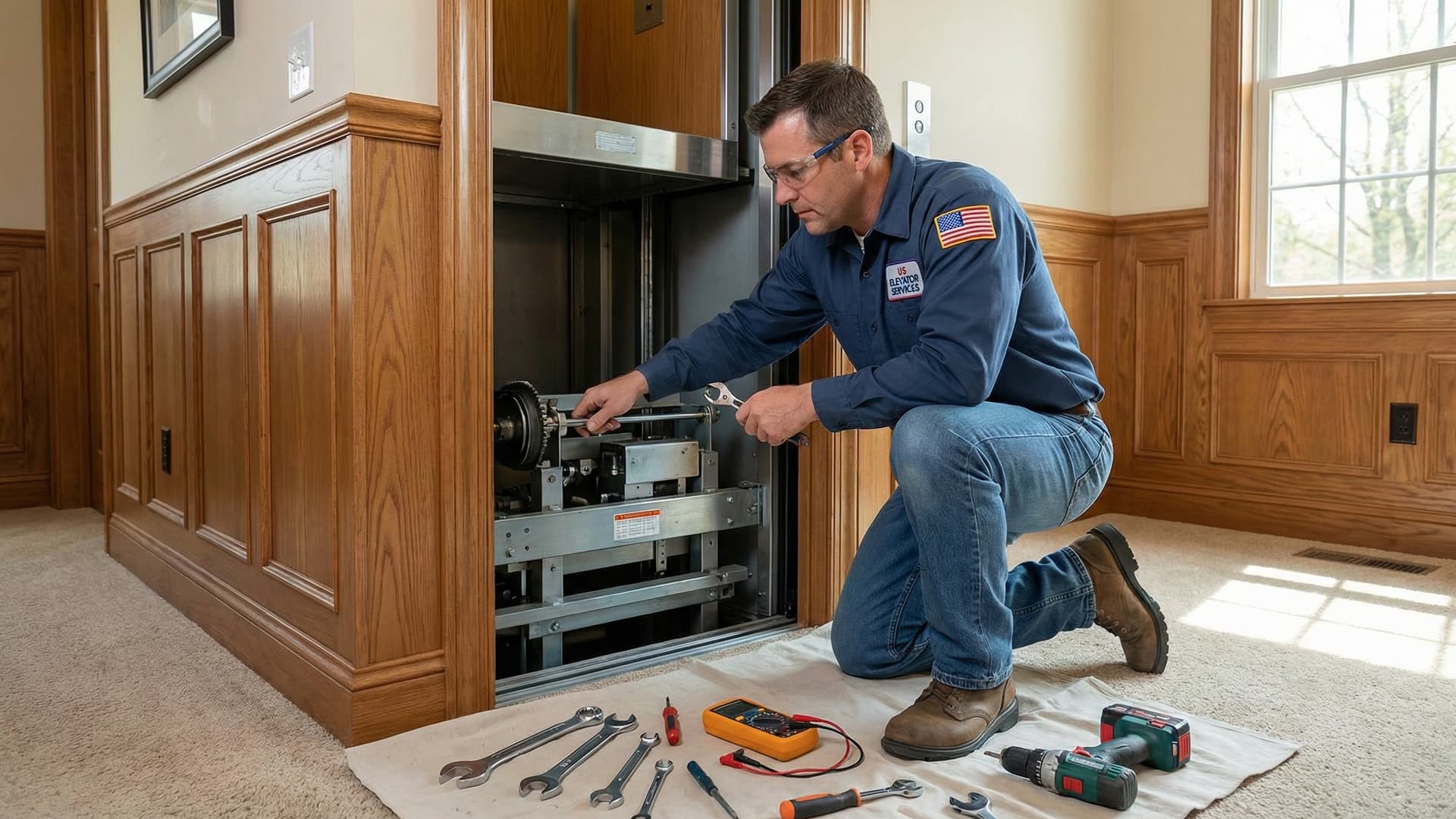 Elevator technician performing maintenance on an elevator