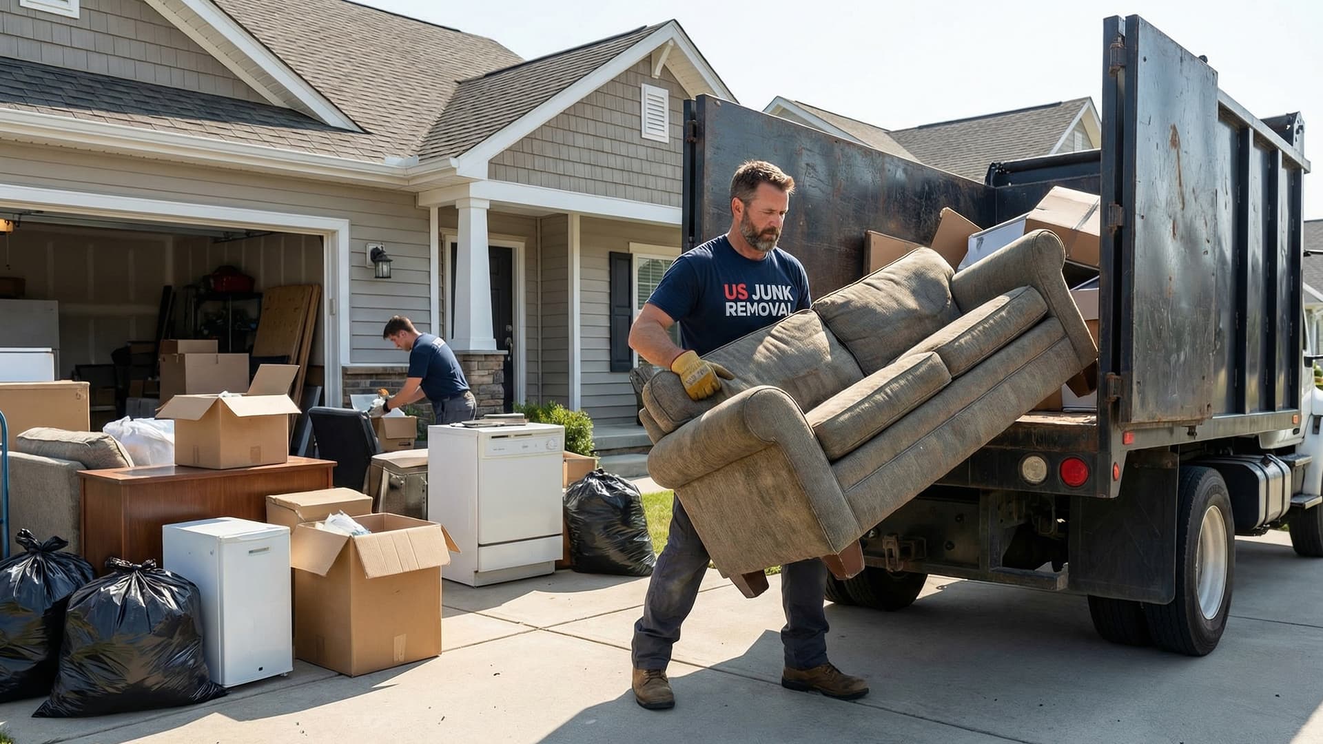 Junk removal team loading items into a truck