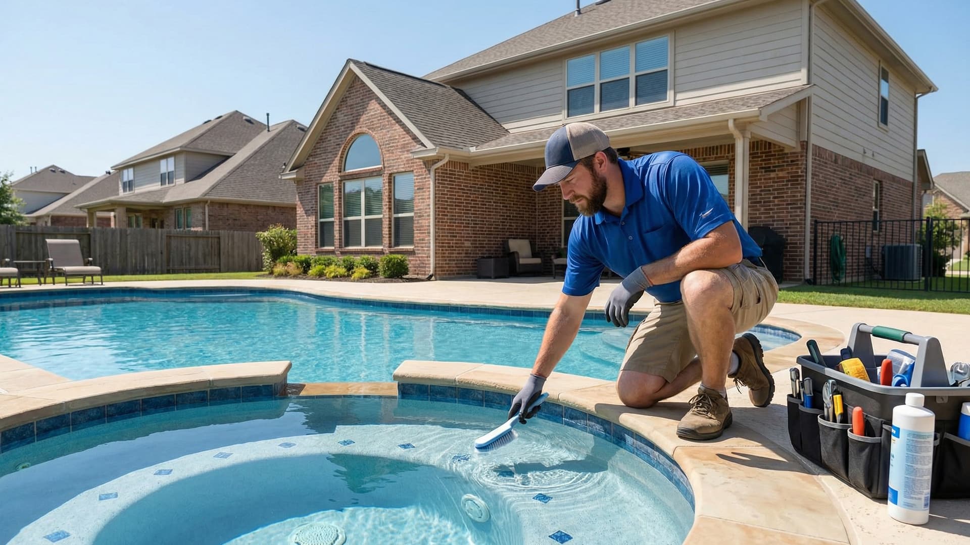 Pool service technician testing water chemistry
