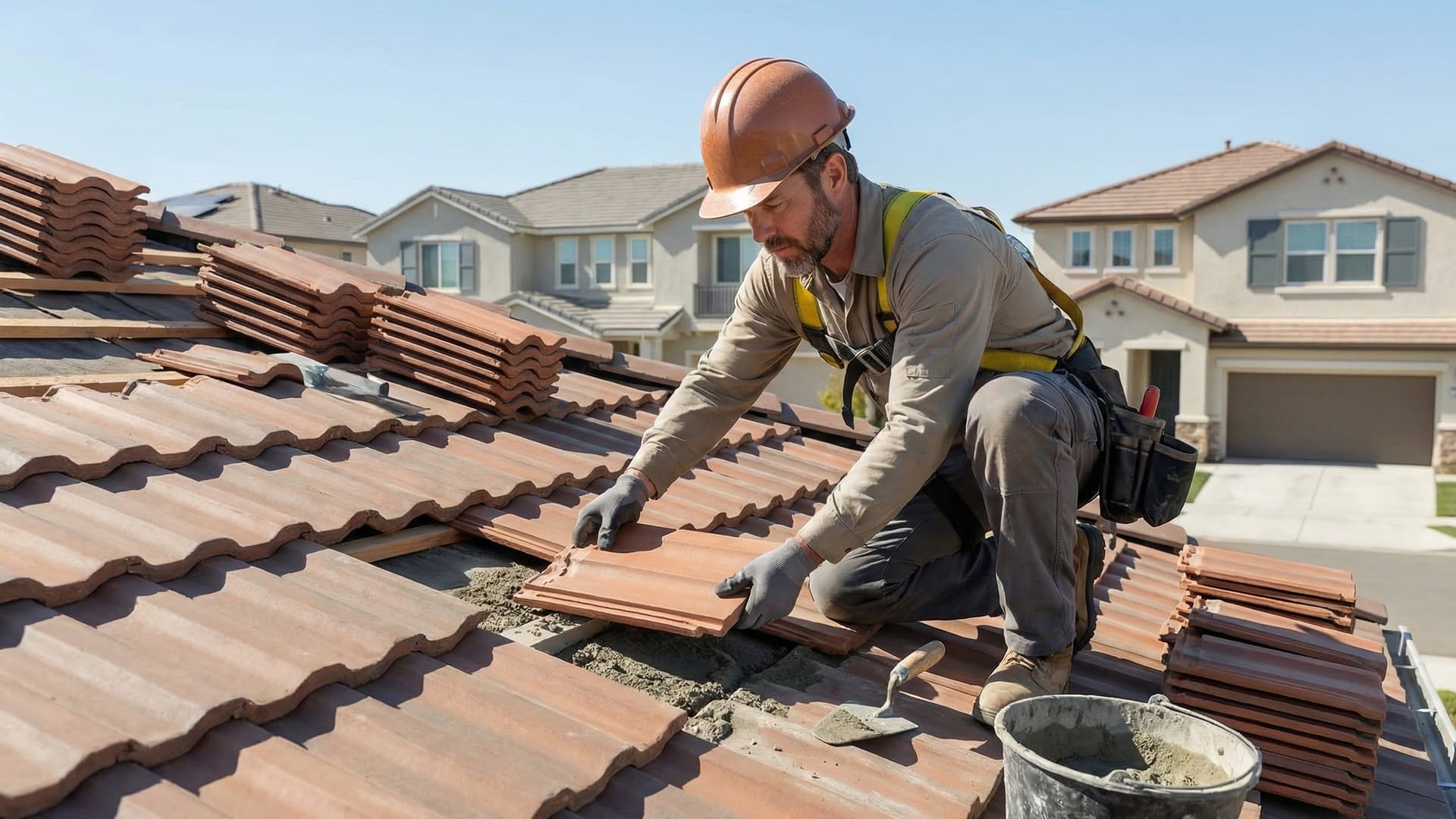 Tile installer laying ceramic tiles on a bathroom floor
