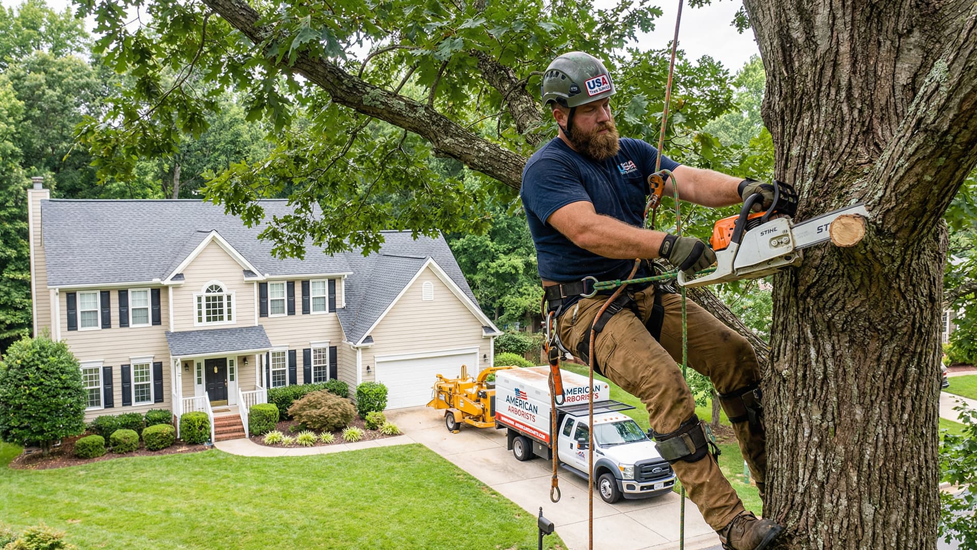 Arborist trimming tree branches with professional equipment