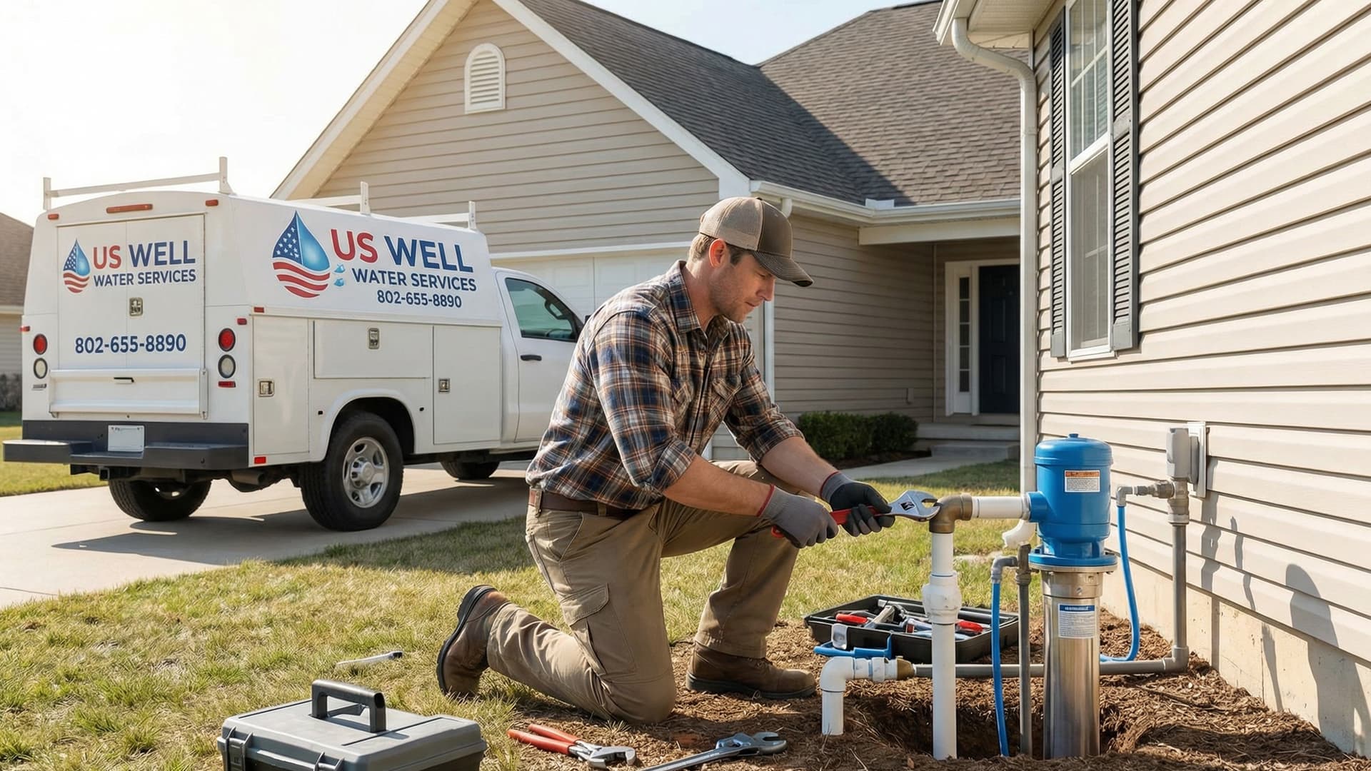 Well water technician servicing a residential water well